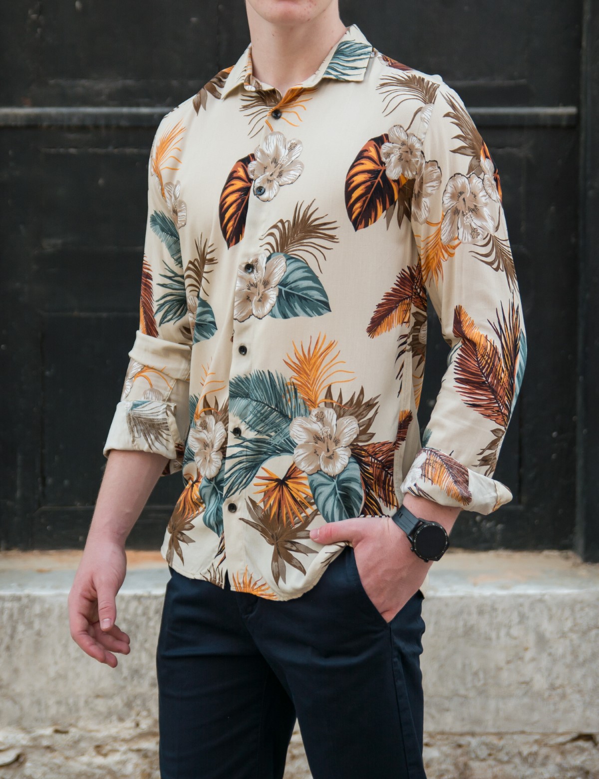 Ανδρικό μπεζ φλοράλ πουκάμισο 0592 φωτογραφία